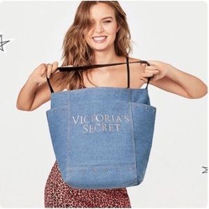 Victorias Secret Large Denim & Rose Gold Studded Tote